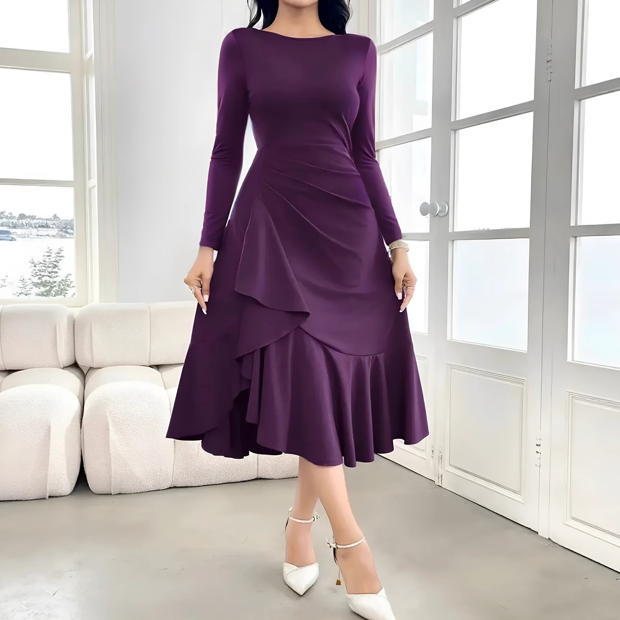 Purple women's long sleeve dress with ruffles and mid waist design on hanger