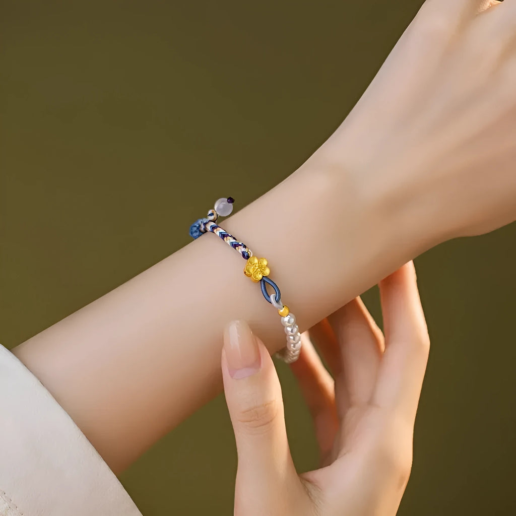 Peach coloured Chinese flower weaving carrying strap with sterling silver chalcedony and pearls on cord bracelet