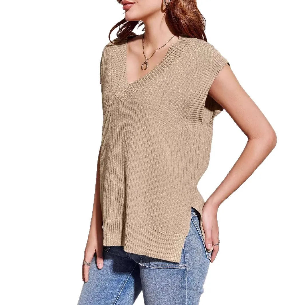V-neck sleeveless loose pullover vest in camel colour with folding design details