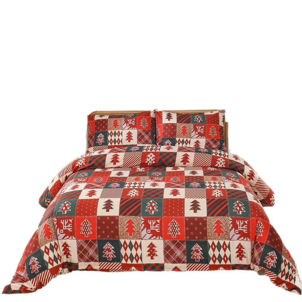 Christmas red plaid three piece bedding set with duvet cover and pillowcases featuring reactive printed European style pattern