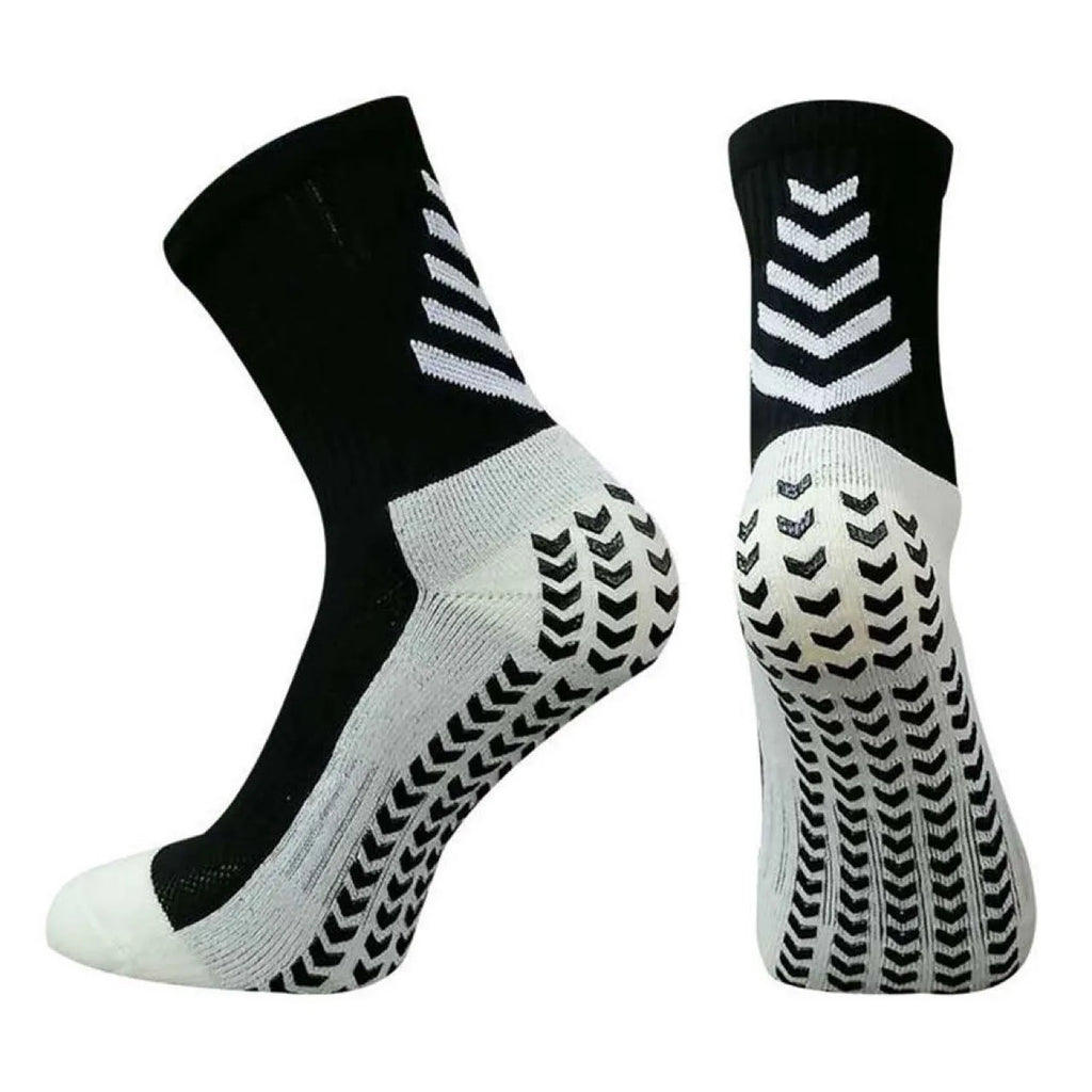 Men's mid-calf athletic socks with geometric patterns and non-slip silicone grip
