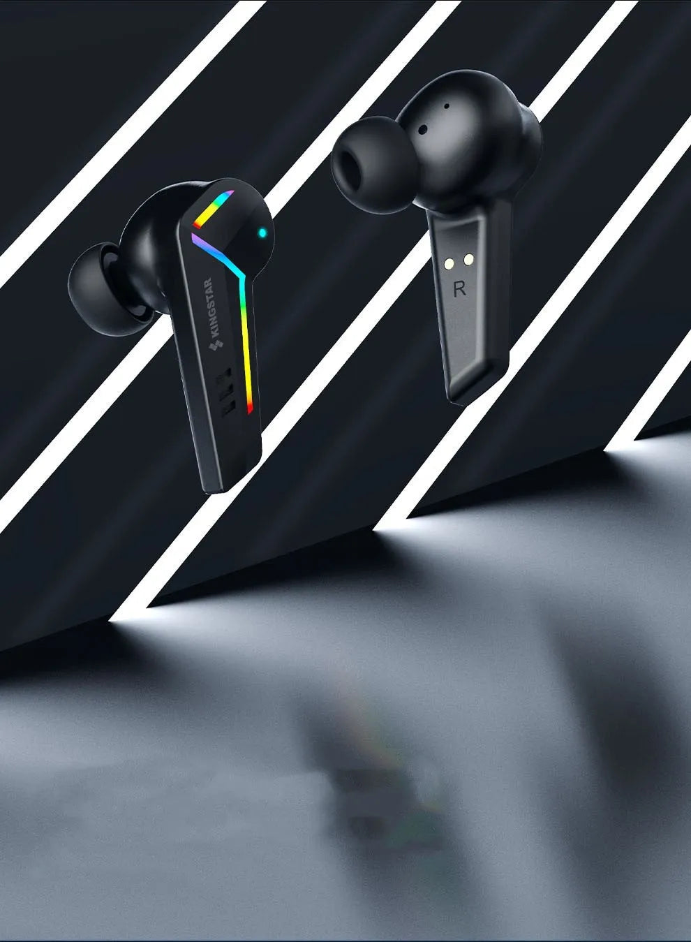 Black TWS Bluetooth gaming headset with low latency and 15-metre wireless range