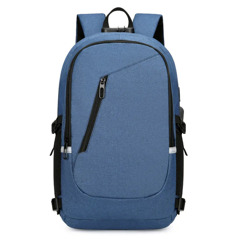 Oxford cloth computer backpack in blue colour showing front view with street trend styling