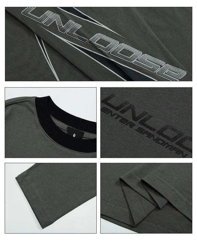 Grey cotton drop shoulder sweatshirt with letter print and long sleeves on a hanger.