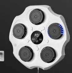 Black hanging-style boxing wall target with Bluetooth music control for home fitness.