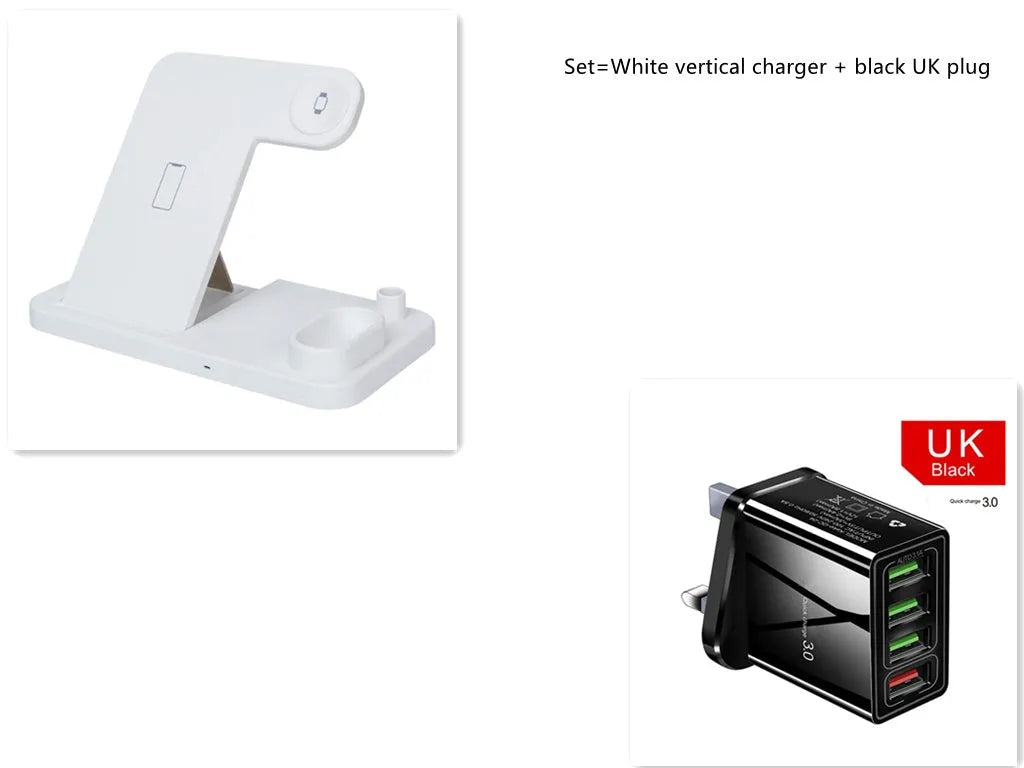 4-in-1 wireless charging station with adjustable stand charging iPhone, Apple Watch, and AirPods
