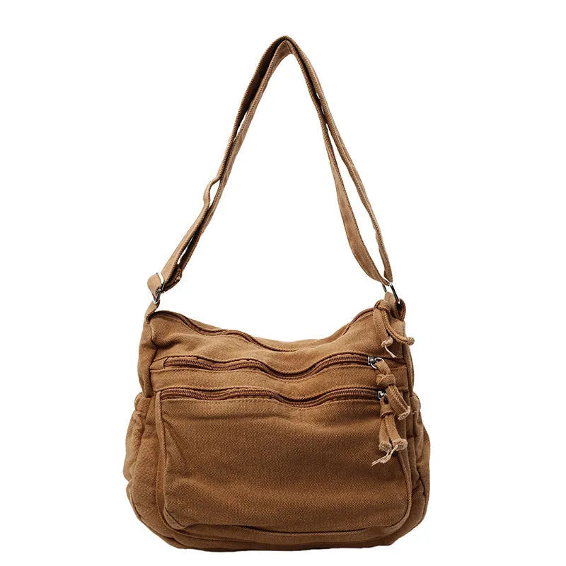 Women's canvas tote bag large capacity horizontal square shape beige with outer pocket