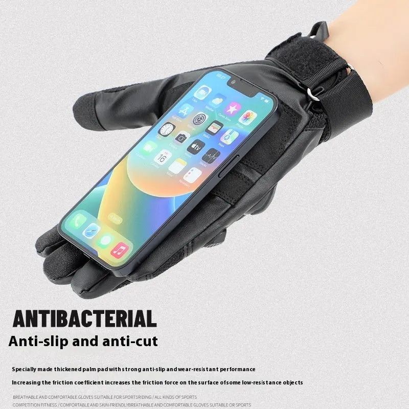 Men's black tactical training gloves with touch screen fingertips and breathable fabric construction