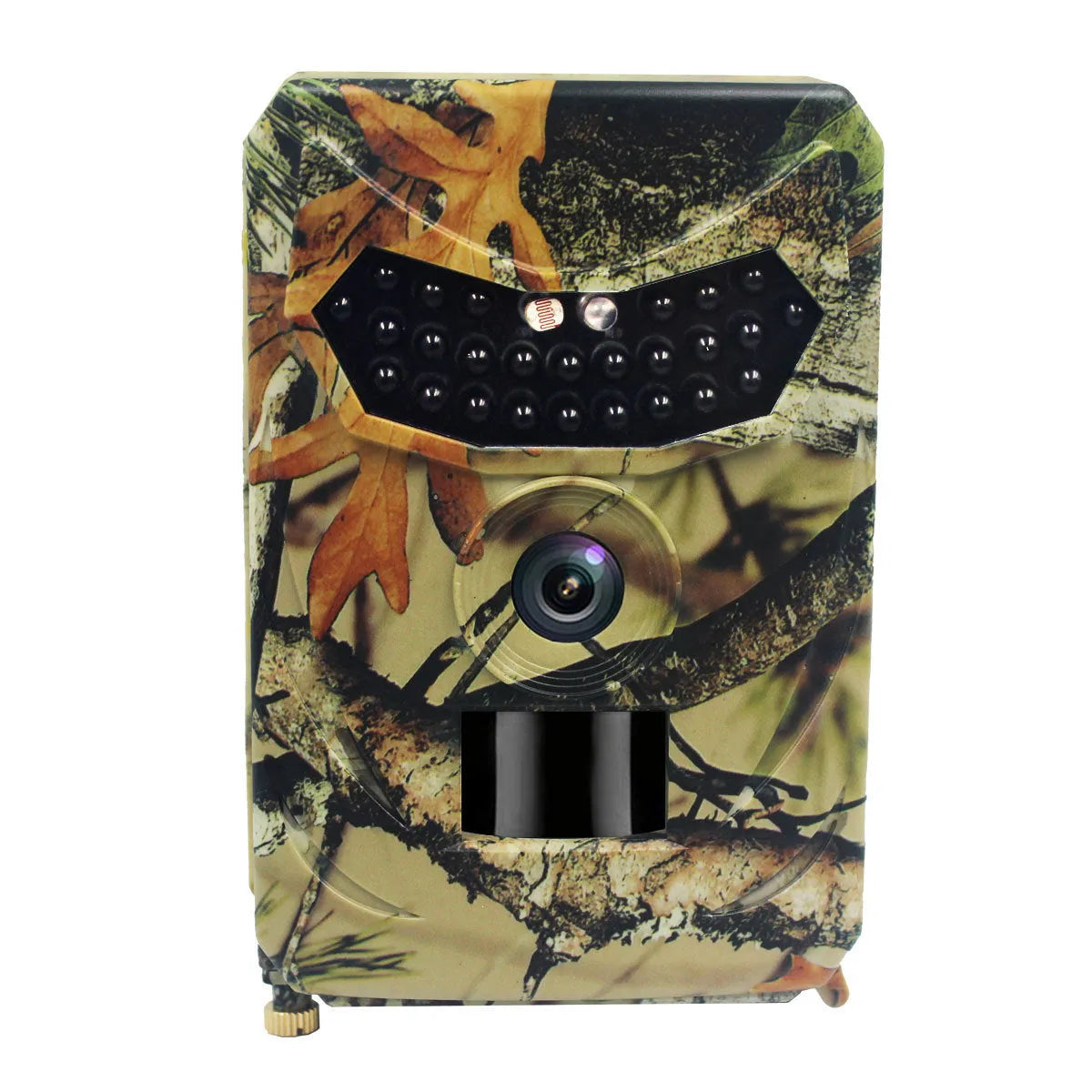 Yellow brown plastic 16MP hunting game camera with infrared lights and wide lens for outdoor wildlife monitoring.
