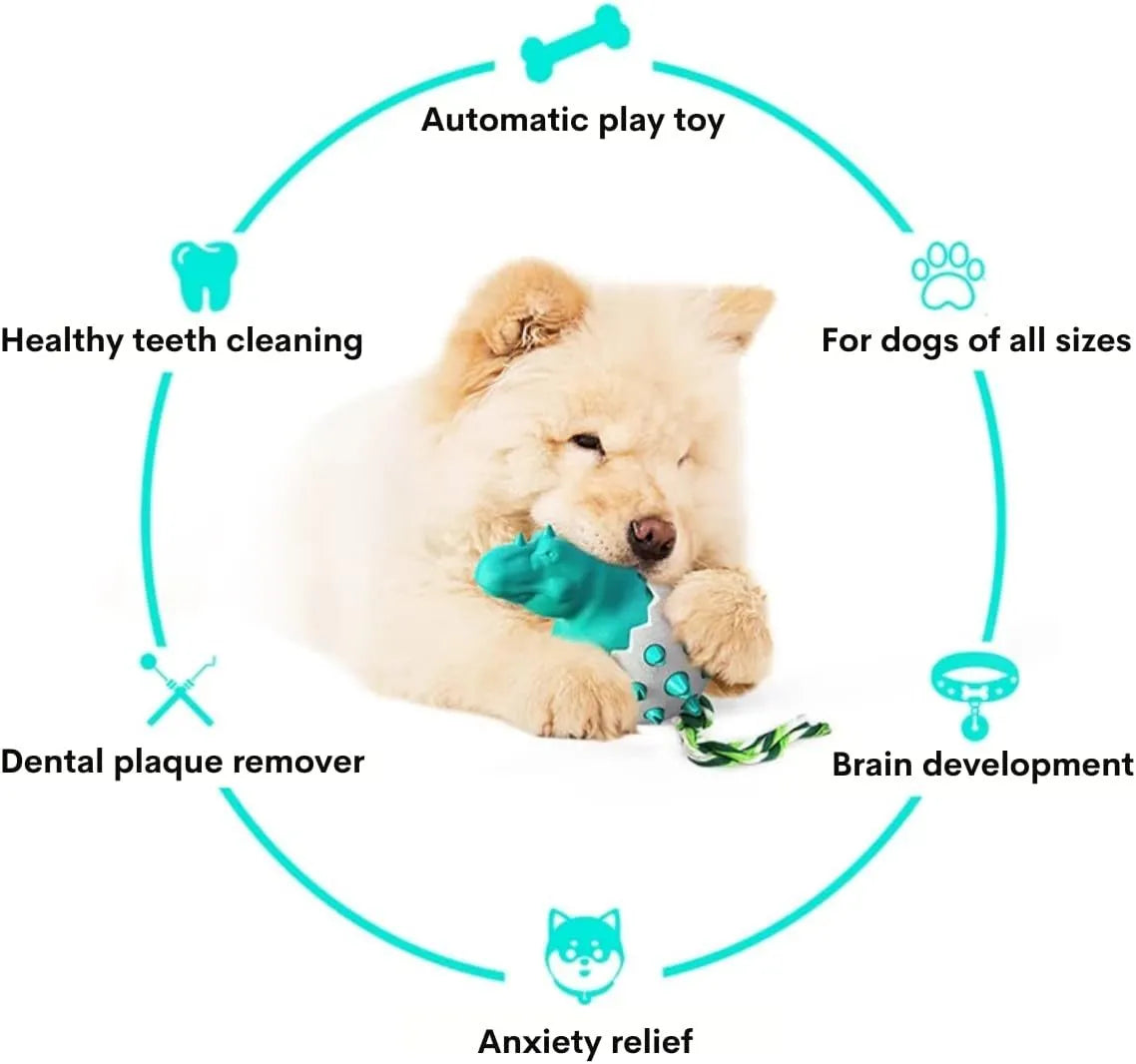 Durable dinosaur design dog chew toy with rope in blue, green, orange, or yellow colours