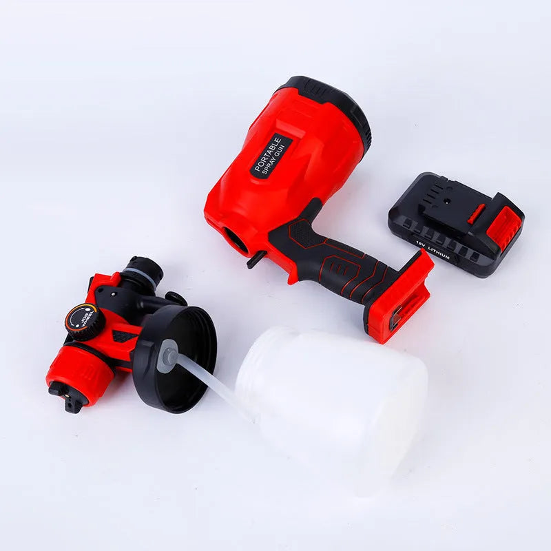 Blue cordless automatic paint spray gun with a large water can, showing its nozzle and battery compartment.