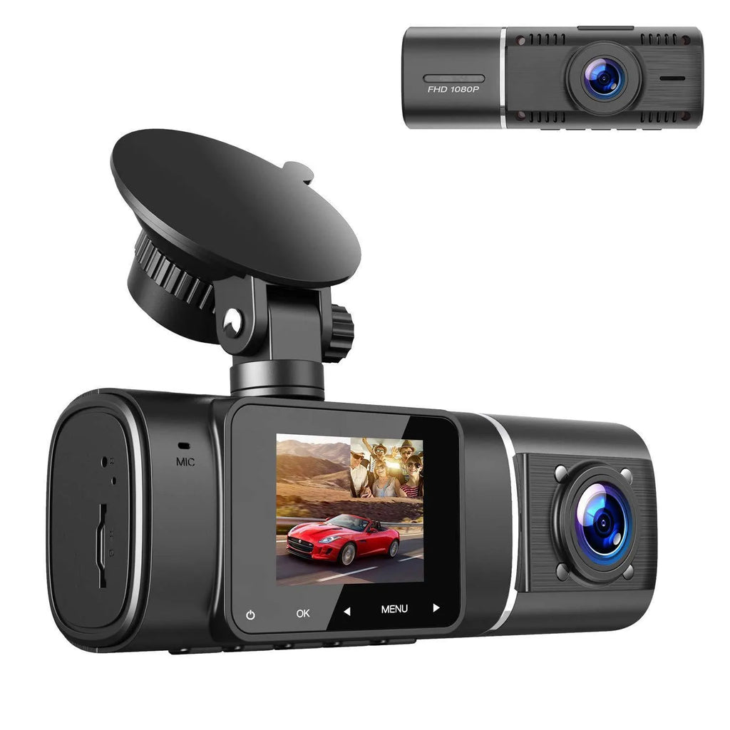 Standard black 1080p dashcam car camera with a 1.5-inch screen, shown with its car charger and mounting stand.