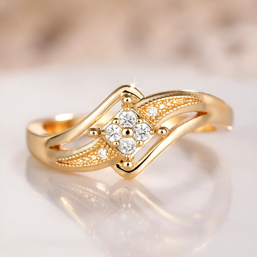 Yellow gold copper diamond ring with micro inlaid zircon stones and geometric line design
