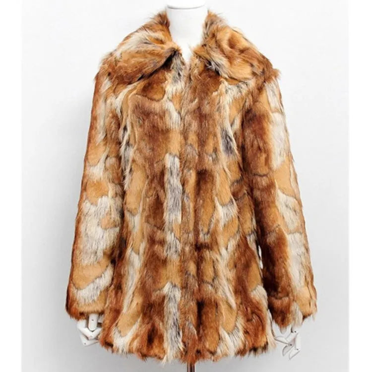 Women's tiger pattern artificial fur leather jacket in medium length 65cm with long sleeves