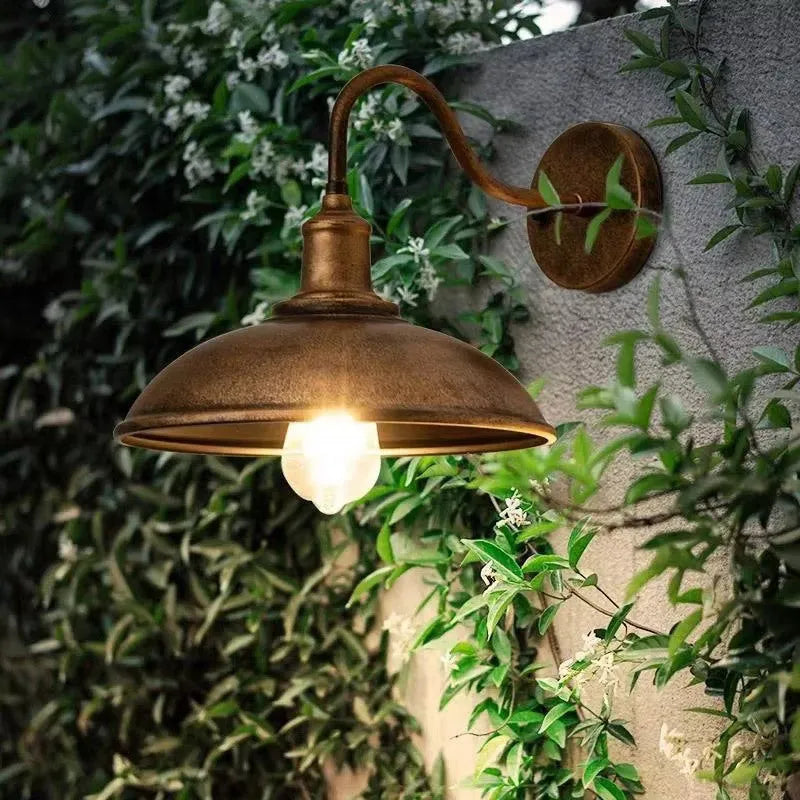 Retro style villa courtyard wall lamp in copper or silver finish with right angle or bevel mounting options.