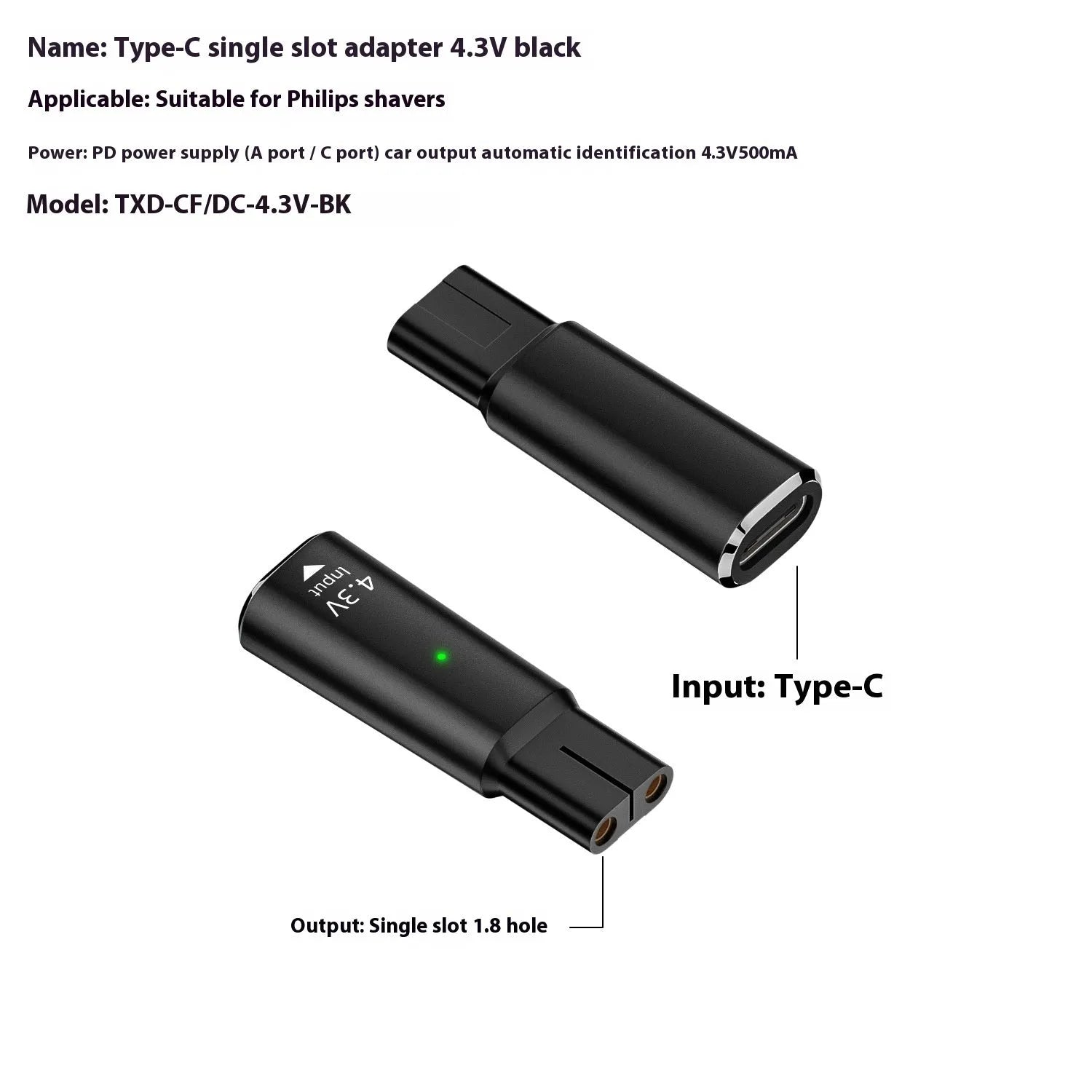 Aluminum alloy charging adapter body for electric shavers with USB C input in black or gray color