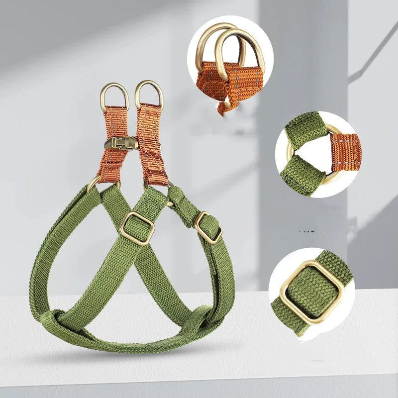Brown vest-style dog leash with cotton belt material and alloy fasteners for secure walking