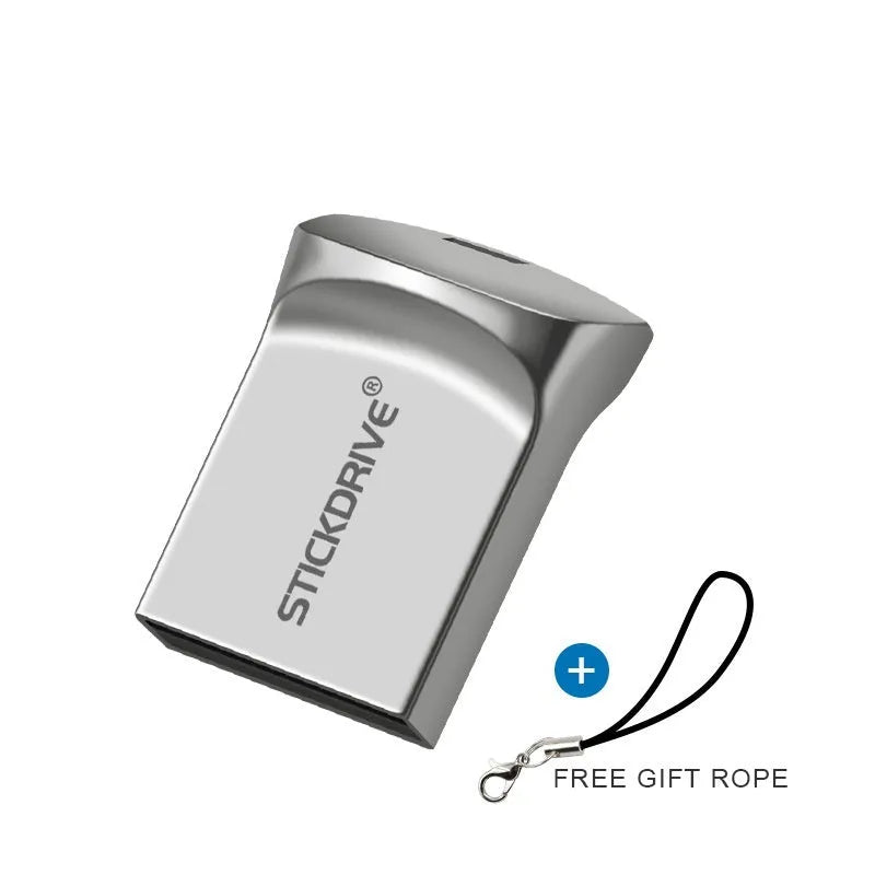 Metal USB flash drive on a keyring lanyard with silver finish