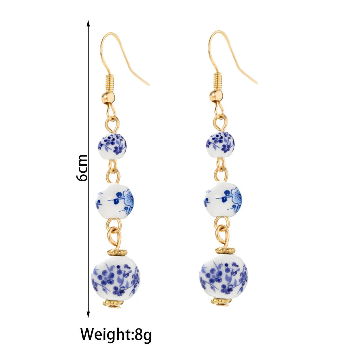 Blue and white porcelain ceramic bead retro earrings with geometric alloy components