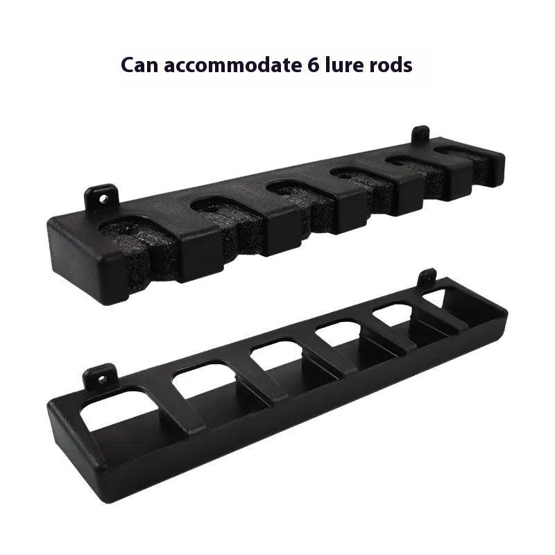 Black ABS plastic wall-mounted fishing rod holder showing vertical and horizontal mounting options