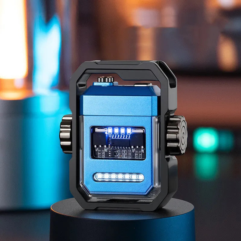 Blue arc lighter with dual plasma flame and mechanical gyroscope, showing folded and extended positions