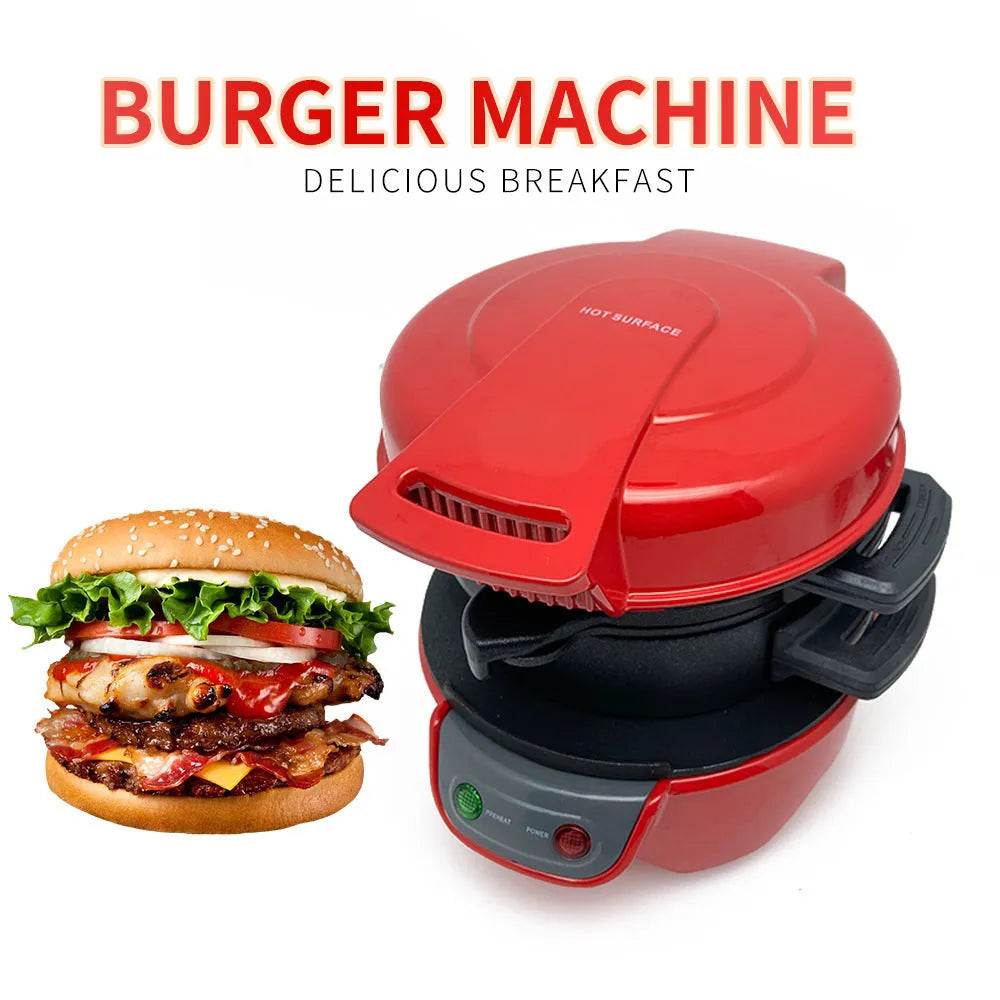 Bright red household breakfast sandwich maker with egg cooker ring and mechanical controls