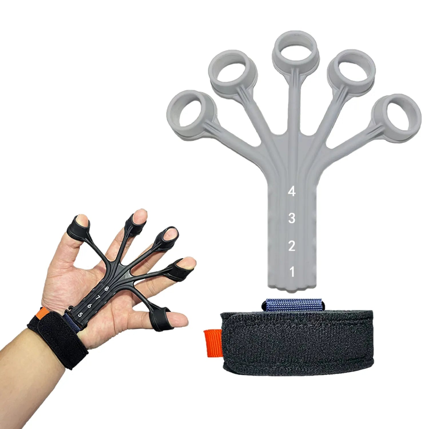 Black silicone finger flexion extension trainer with adjustable tension belt for hand rehabilitation