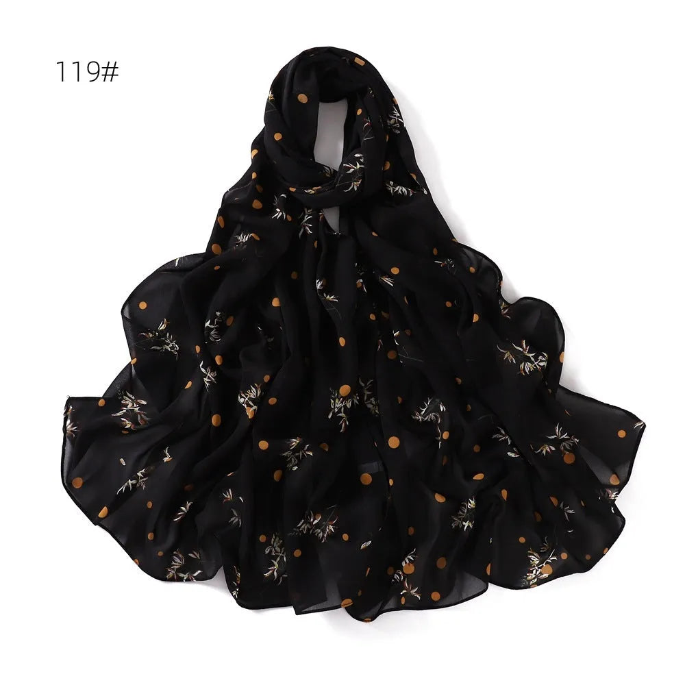 Printed polyester chiffon scarf with plaid maple leaf pattern in 70x175cm size