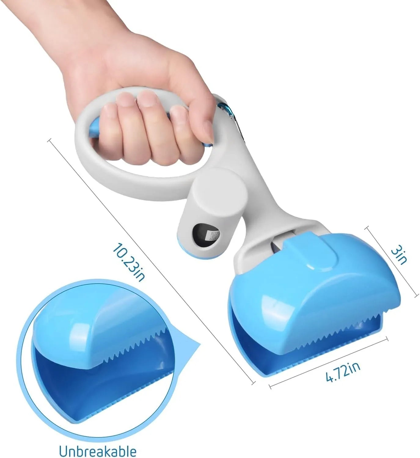 Black ABS plastic pet pooper scooper with built-in trash bag holder and a top carrying hook
