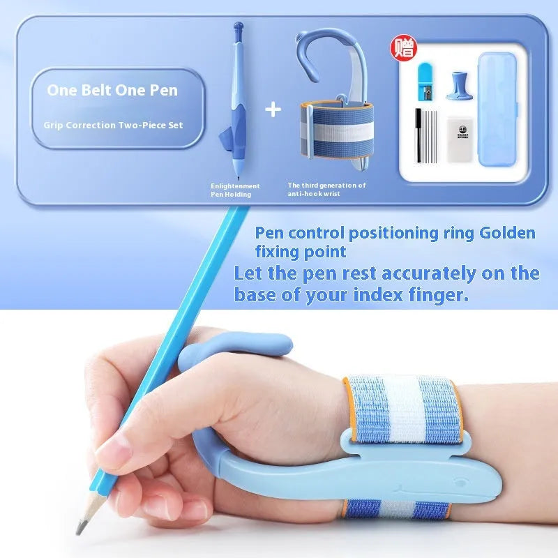 Blue anti-hook wrist brace pen corrector for children's handwriting posture on a desk.