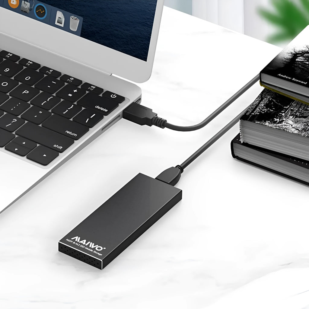 USB 3.0 M.2 NGFF SSD enclosure aluminium alloy black side view with USB cable