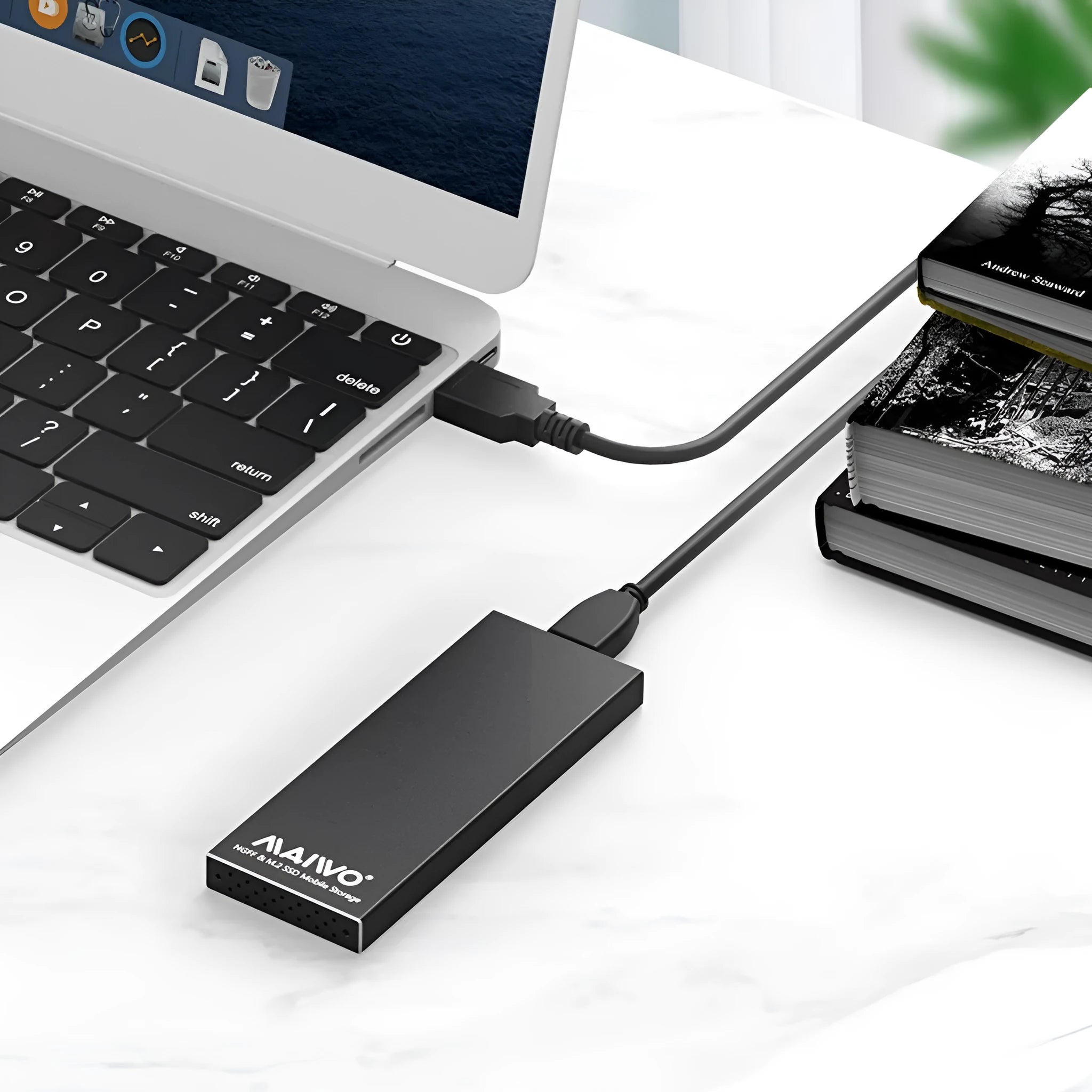 USB 3.0 M.2 NGFF SSD enclosure aluminium alloy black side view with USB cable