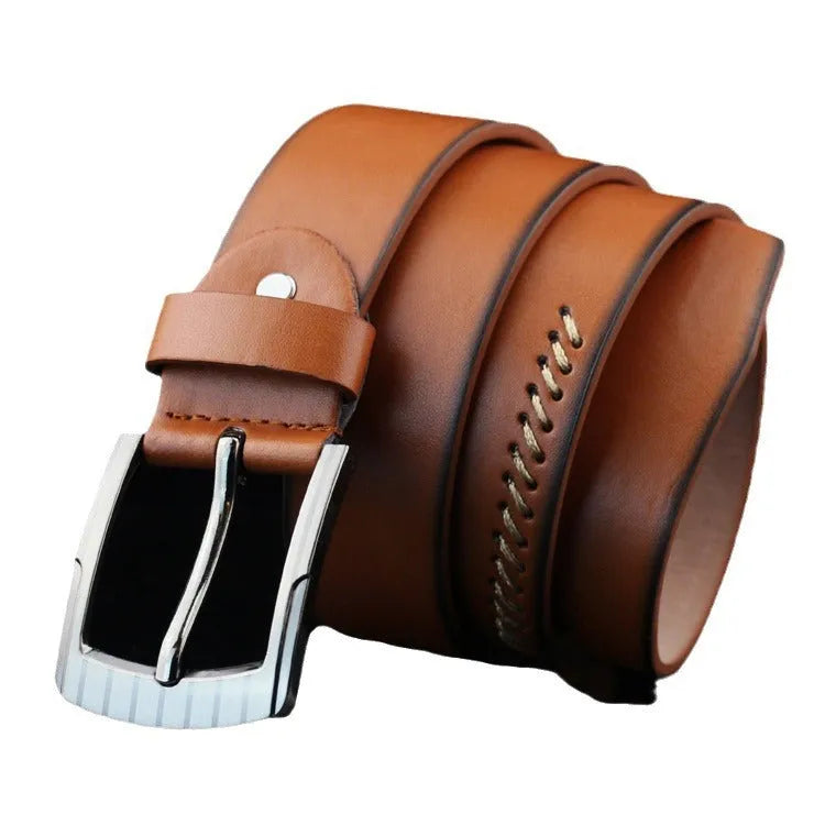 Men's retro-style imitation leather belt with pattern and alloy pin buckle, shown in black.