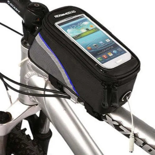 ROSWHEEL PVC bicycle frame bag for iPhone mounted on a bike frame, shown in red colour.