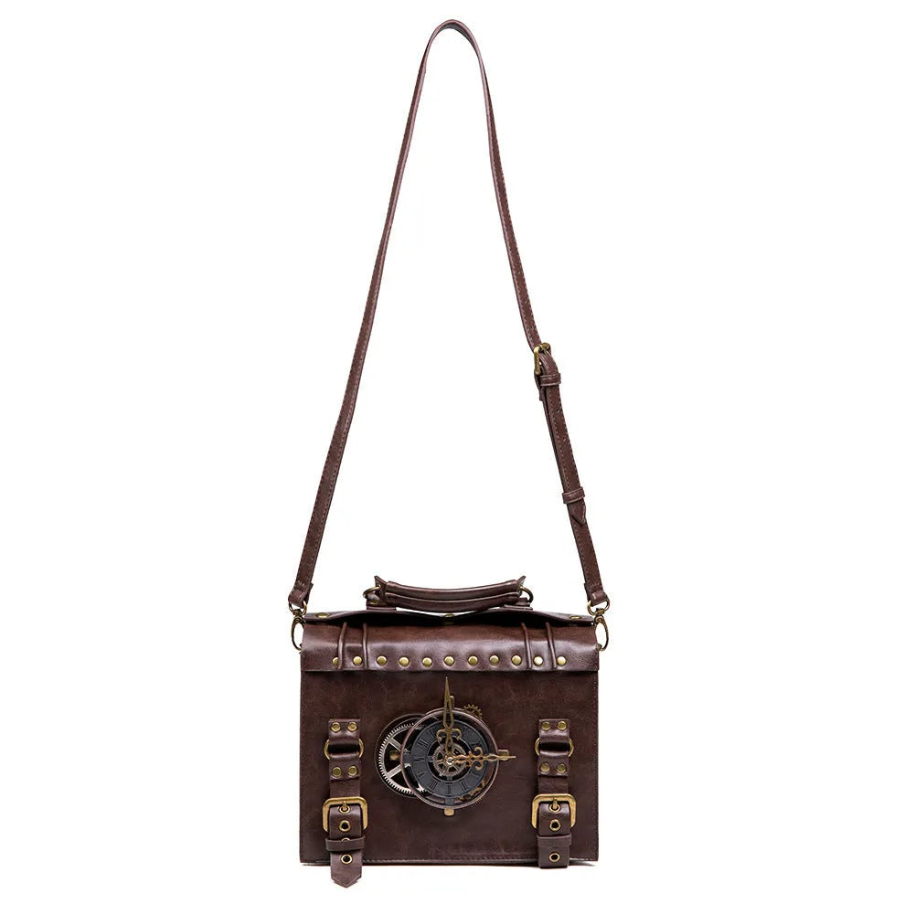 Bronze steampunk industrial retro shoulder bag with metal hardware and square pillow shape
