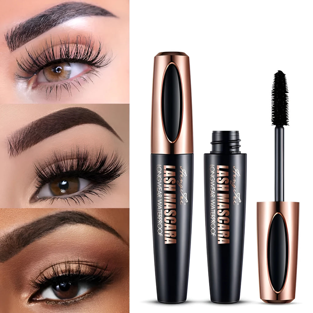 Black waterproof mascara tube for thick, long, curled lashes that resist smudging.