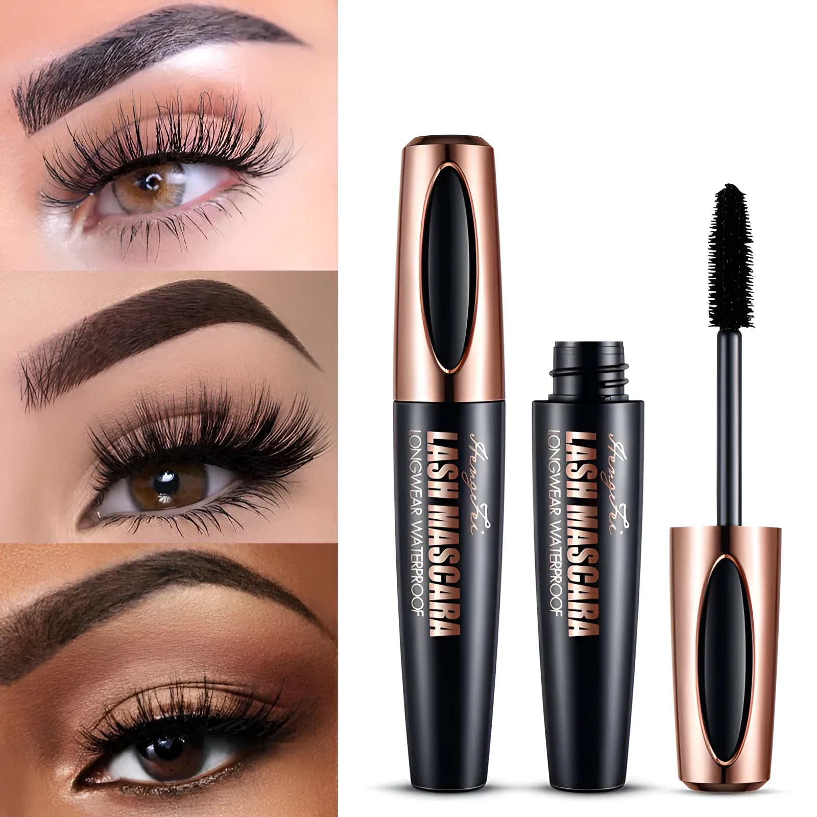 Black waterproof mascara tube for thick, long, curled lashes that resist smudging.