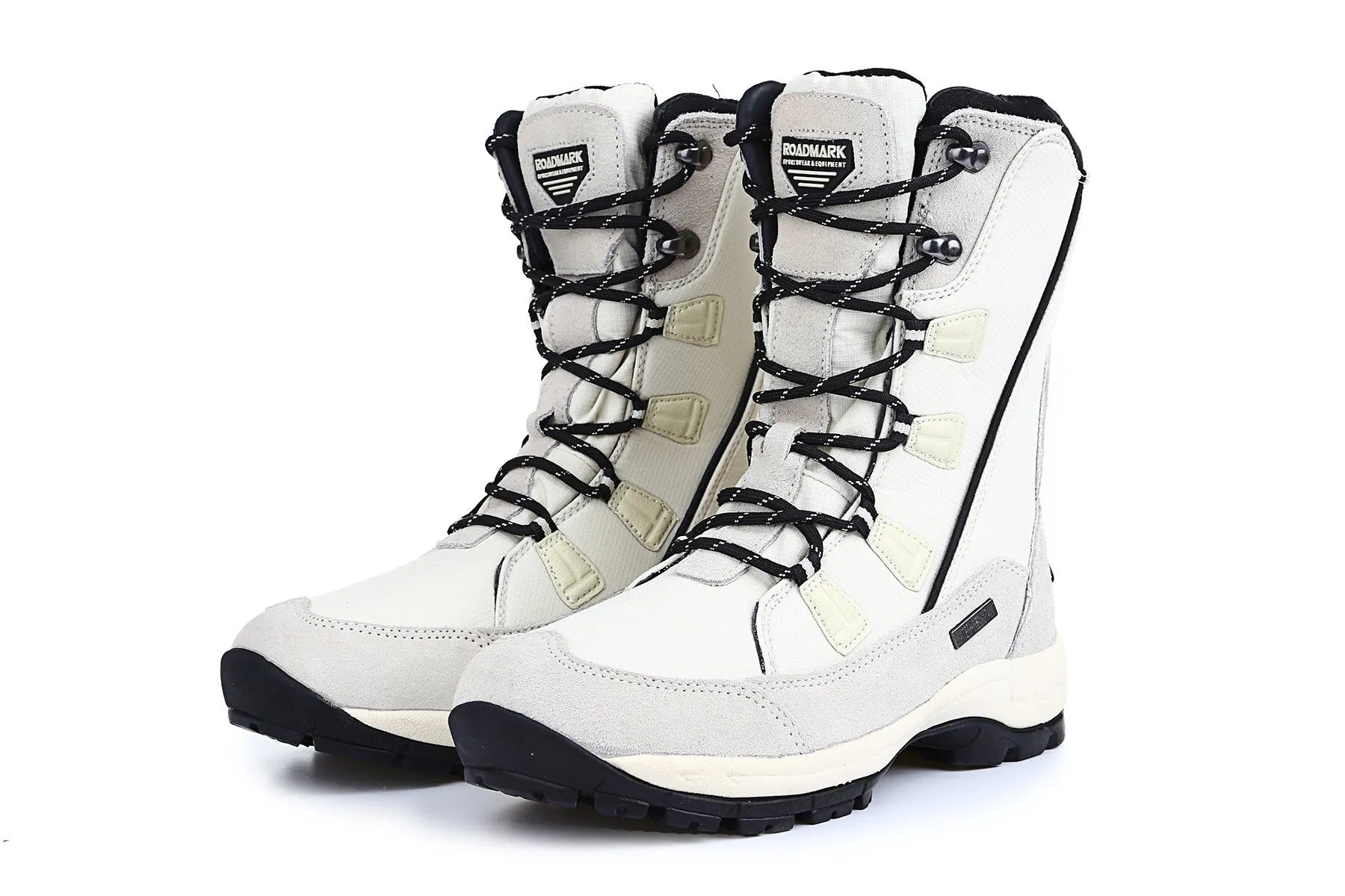 Women's black thermal snow boots with mid-calf height and round toe design