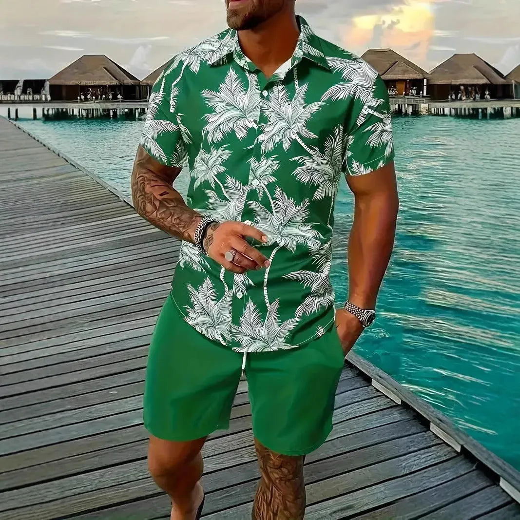 Men's Hawaii 3D printed short sleeve suit with matching shorts in polyester fabric