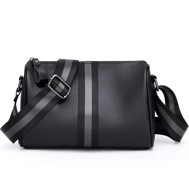 Black genuine leather one-shoulder crossbody bag showing its size and style.