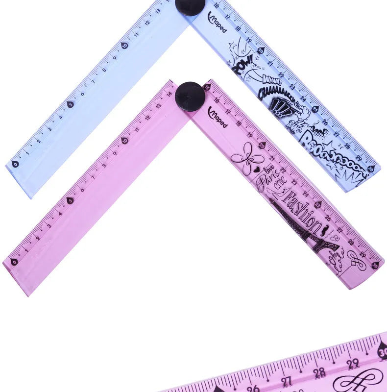 30cm widened rotary folding ruler in blue and pink colour options on a white background