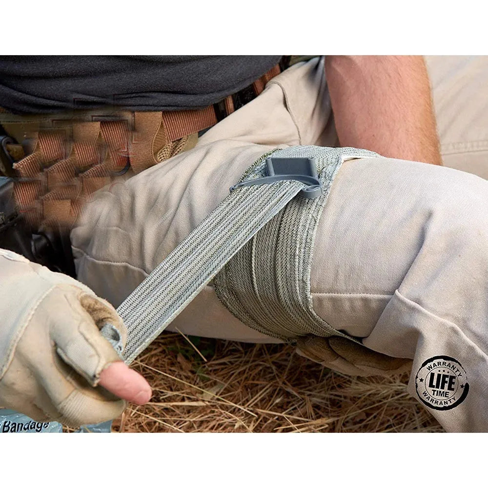 Portable tactical hemostatic bandage kit with compression gauze tape in 4 inch and 6 inch sizes