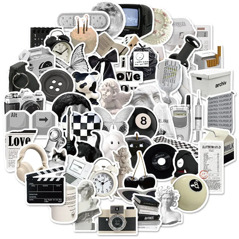 61 black and white PVC waterproof stickers for laptops, phones, and luggage customisation