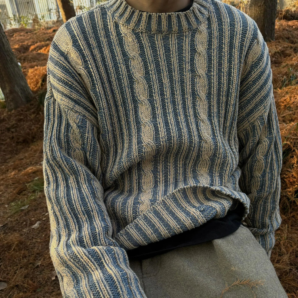 Men's blue stripes contrast colour cotton round neck loose fit casual sweater