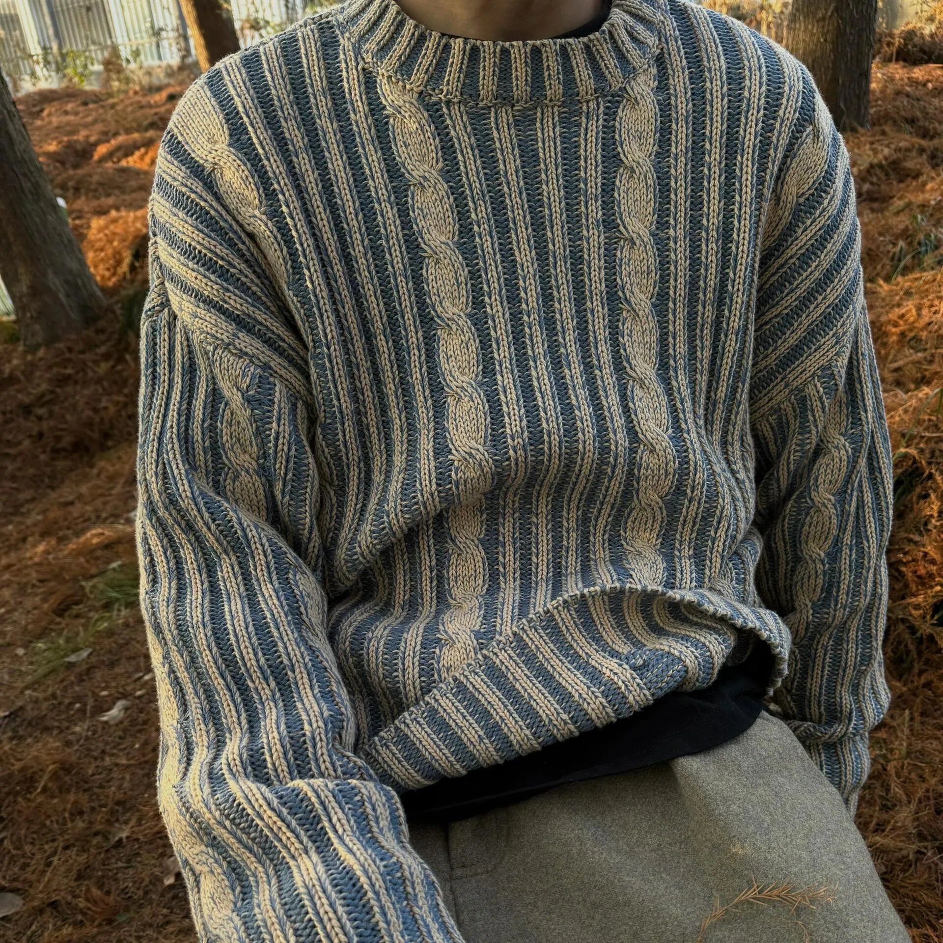 Men's blue stripes contrast colour cotton round neck loose fit casual sweater