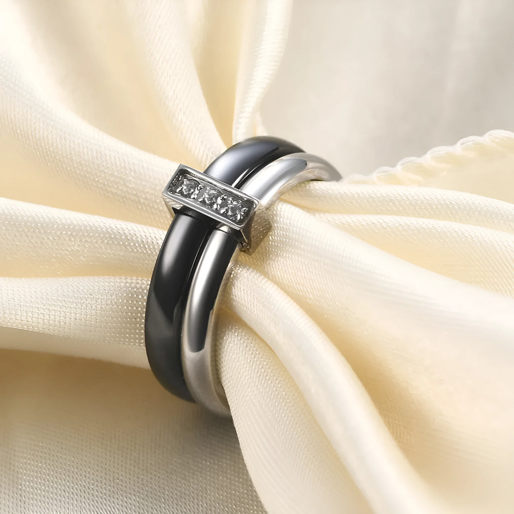 Ceramic women's ring with 6mm geometric band and glossy zirconium stitching in steel black or golden white
