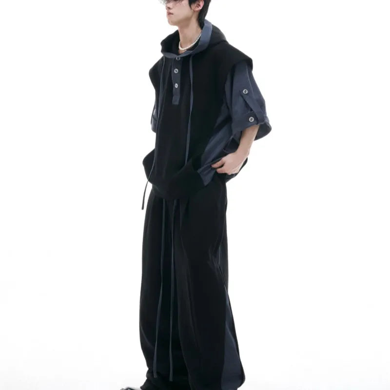 Men's polyester hooded tracksuit set with three-dimensional stitching in black or gray coordinated colours