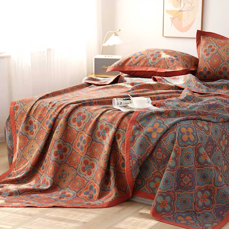 Cotton gauze bed blanket and pillowcase set with plant and flower pattern