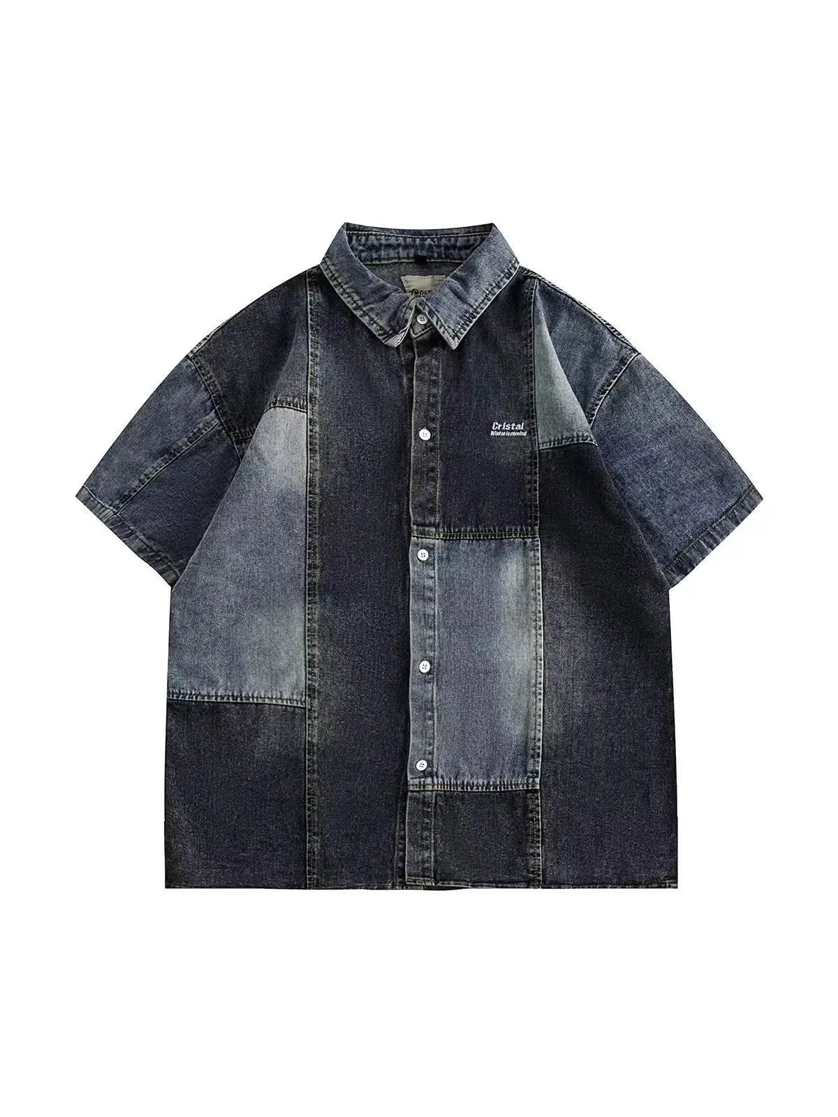 Men's loose cardigan-style denim shirt with retro washed stitching in blue colour