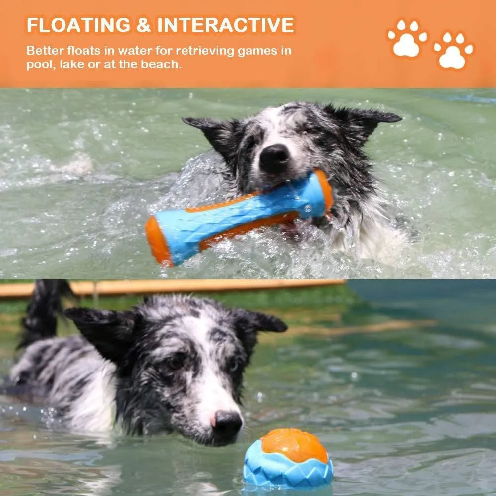 Set of three TPR dog toys: a ball, a barbell, and a tyre with bumpy textures, floating in water.